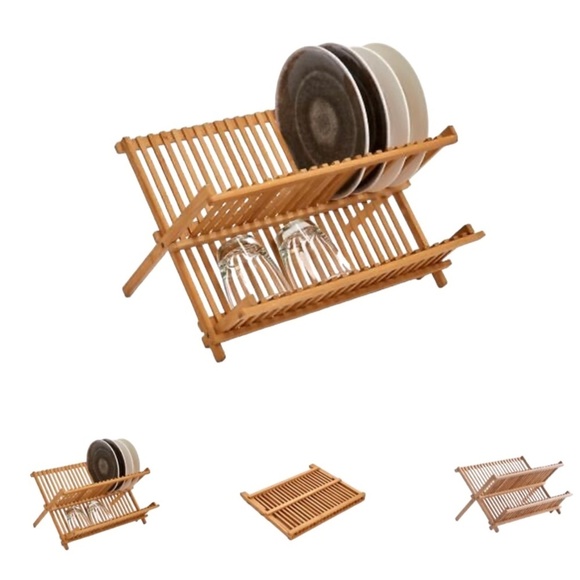 Dish Drying Rack 2 Tier Wood Folding Kitchen Storage Natural Brown Pine - Picture 7 of 11